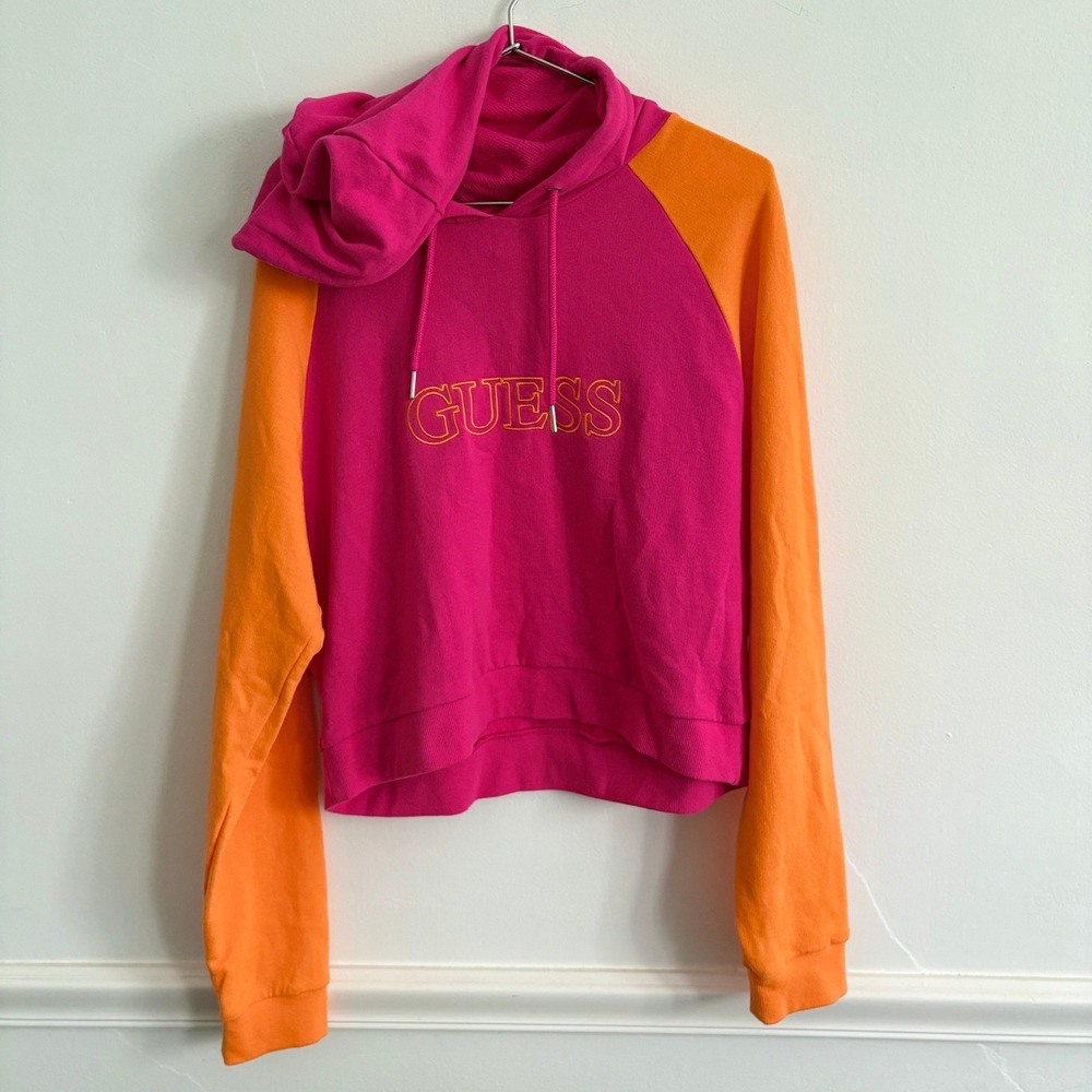 Guess Hoodie Womens Large Pink Orange Good Colorblock Cropped Raglan Logo